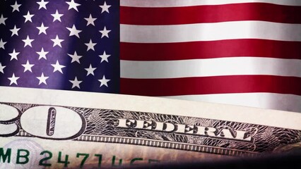 Closeup of a dollar bill and flag of America - Powered by Adobe