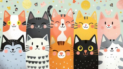 Cartoon cats of various sizes and shapes, smiling with closed eyes, on a pastel patterned background