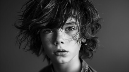 Artistic black and white portrait of a young boy with messy hair. AI generate illustration