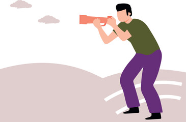 Boy taking pictures with camera in cloudy weather.