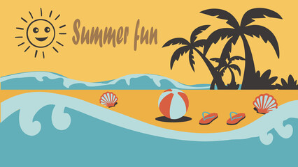 Obraz premium Summer beach background theme: Summer Elements:A simple sun with stylized rays Palm tree silhouettes A few beach elements (e.g., a seashell, flip-flops, or a beach ball) 