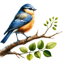 Naklejka premium Blue Tit Perched on Branch with Leaves