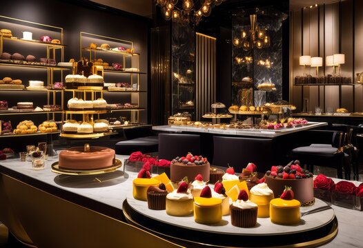 elegant dessert lounge gourmet sweets upscale ambiance, bar, luxurious, stylish, trendy, modern, chic, classy, sophisticated, exquisite, fancy, exclusive
