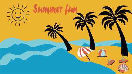 Summer beach background theme: Summer
Elements:

A simple sun with stylized rays
Palm tree silhouettes
A few beach elements (e.g., a seashell, flip-flops, or a beach ball)
