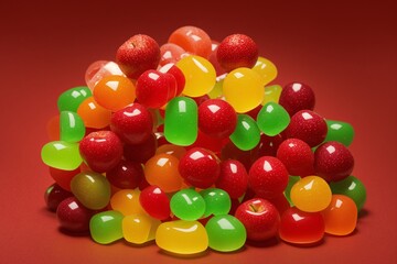 A whimsical display of fruit flavored gummies on a red backdrop