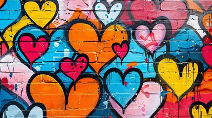 Fototapeta premium Bold graffiti wall, filled with colorful hearts and abstract shapes, conveying a love-themed artistic expression