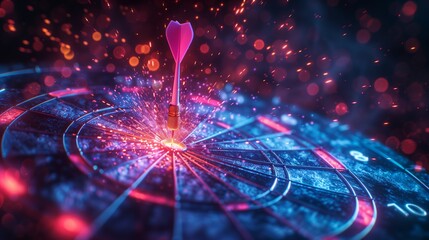 Pink Dart Hitting Bullseye on Glowing Blue Target with Sparks Representing Accuracy, Focus, Success, and Determination