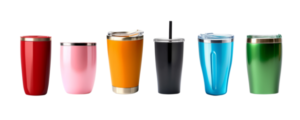 Set of stainless steel glass,cold cup or insulated tumbler bottle such as red,pink,orange,black,blue and green colours isolated on transparent background.