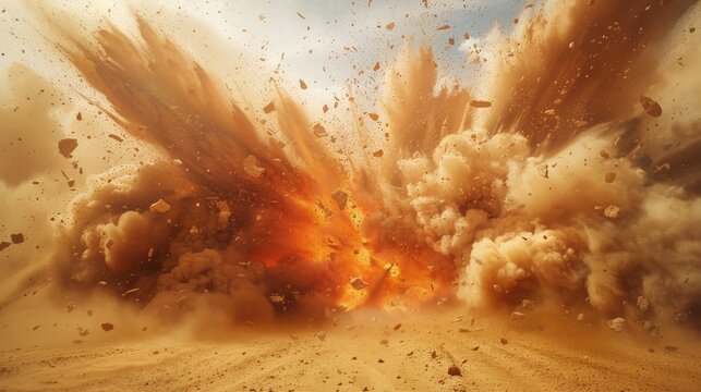 A powerful explosion of sand and dust in the desert creates an intense visual effect with debris flying everywhere. in the style of real photo