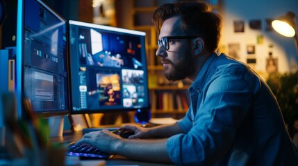 A computer film maker edits footage on their computer in a dimly lit room. They are seated at their desk, using a keyboard and mouse to edit footage on a dual-monitor setup.