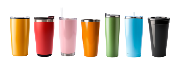 Set of stainless steel glass,cold cup or insulated tumbler bottle such as yellow,red,pink,orange,green,blue and black colours isolated on transparent background.