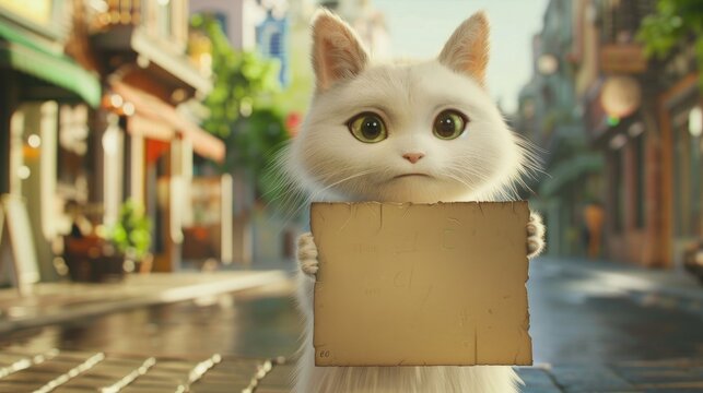 A striking image of a white cat confidently holding a sign with a clear demand