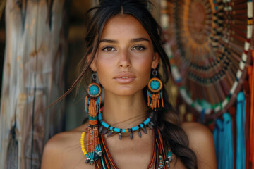 A woman adorned with intricate tribal jewelry, standing in front of a rustic backdrop