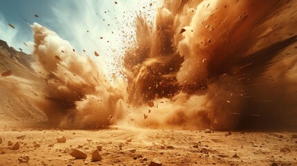 An explosion of sand, dust and debris on the ground creates an intense desert scene. The realistic...
