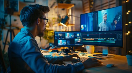 A computer film maker sits at a desk, focused on editing video footage on a large computer monitor. He is using a mouse and keyboard to manipulate the clips, adjusting the timeline and adding effects