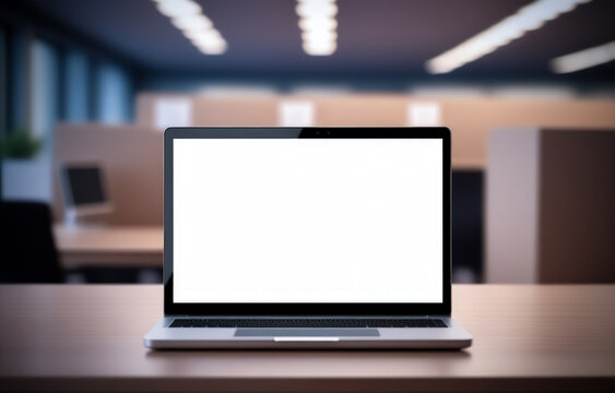 Laptop pc mockup template design on office workplace desk, white screen mockup empty blank computer on office work table business web technology at modern workspace, closeup