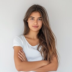Fototapeta premium A portrait of a young woman with long brown hair. She is wearing a plain white t-shirt and her arms are crossed in front of her. The woman is standing in front of a white wall and looking directly at