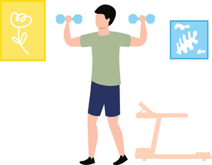 The boy is doing exercise with dumbbells.