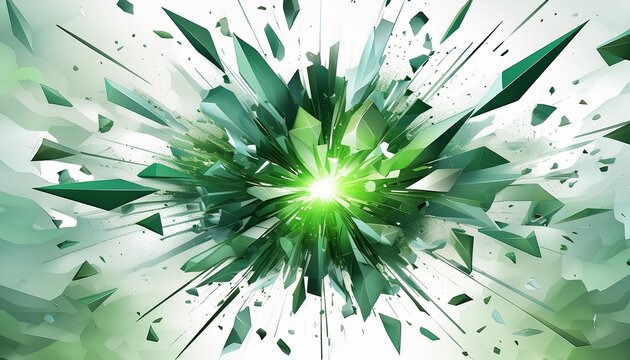 Explosion of emerald green and white shards radiating from a central point in a digital abstract design. 