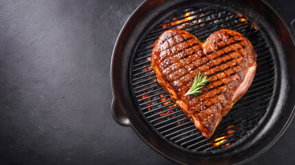 Heart steak on grill pan, juicy meat, love meal, Valentine Day food, delicious beef, celebration meal preparation. Sizzling heart steak in skillet, gourmet cooking, grilled, rosemary garnish on top