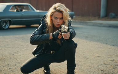 Naklejka premium Young woman in black outfit aiming gun, intense action scene on city street, dynamic pose, urban chaos backdrop, action movie