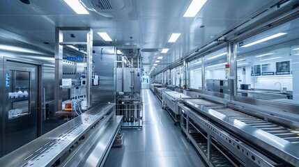 Fototapeta premium Cutting-edge factory with a robotic ranch dressing production line, spotless and safe, emphasizing high efficiency and modern technology