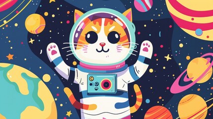 Cute cartoon cat in a spacesuit, floating among vibrant, abstract planets and stars, bold colors and playful expression