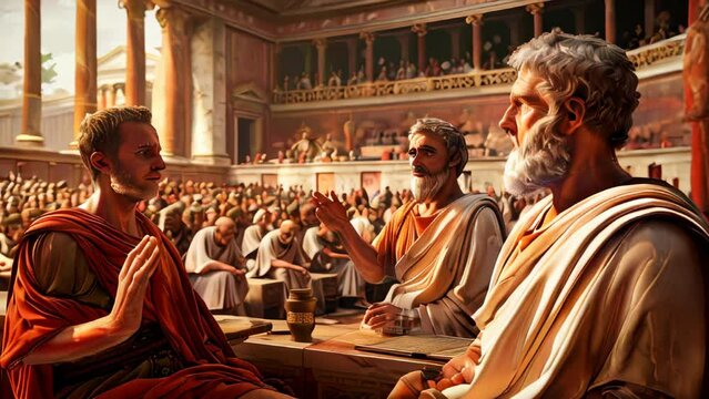 Ancient philosophers speaking to audience in a historical setting
