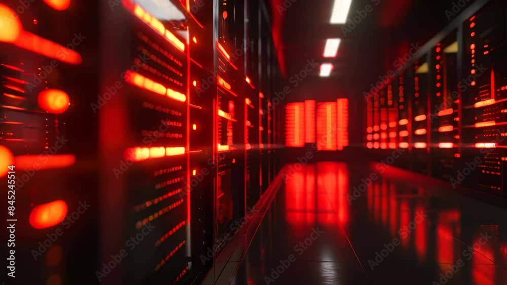 Poster a row of computer servers in a data center. concept of cyberspace, communication and technology.