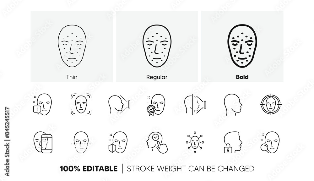 Poster biometrics detection, face id and scanning. face recognize line icons. identification linear icon se