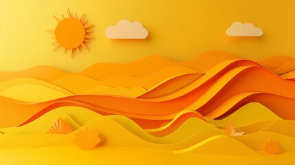 Obraz premium 3D paper cut abstract geometric shapes template on a bright yellow background, illustrating a summer landscape with minimalist hills and sun elements, emphasizing clean lines and vibrant seasonal