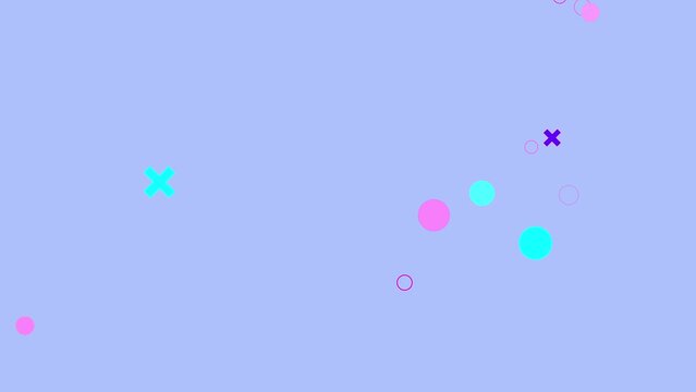 Flying bubbles, circles, rings, crosses on soft lilac background. Cyan blue, fuchsia pink, orange, blue, purple floating 2D geometric shapes animation. Cool math. Back to school. Kids summer holidays