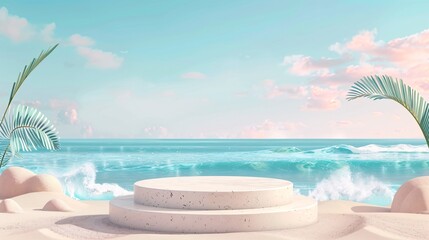 Detailed illustration of a summer sale poster banner template featuring a stone product display podium set against a backdrop of sandy beach and tranquil ocean waves, offering a visually captivating