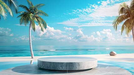 Promotional poster banner template for summer sales, showcasing a sleek stone product display podium against a scenic beach background with palm trees and azure waters, creating an enticing visual