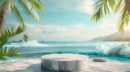 Promotional poster banner template for summer sales, showcasing a sleek stone product display podium against a scenic beach background with palm trees and azure waters, creating an enticing visual
