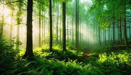Fototapeta premium A dense foggy forest, sunlight streaming through the trees, lush greenery, mysterious atmosphere, dramatic lighting, cinematic composition, highly detailed environment, volumetric fog, warm tones.
