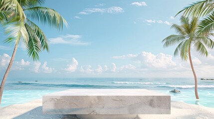 Promotional poster banner template for summer sales, showcasing a sleek stone product display podium against a scenic beach background with palm trees and azure waters, creating an enticing visual