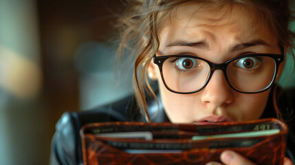 Woman has no cash money in her purse to pay bills or for spending