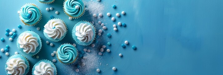 Argentina Independence Day. Horizontal banner. Cupcakes in the colors of the Argentine flag on the blue background. Free space for text, copy space. Argentina Day celebrating