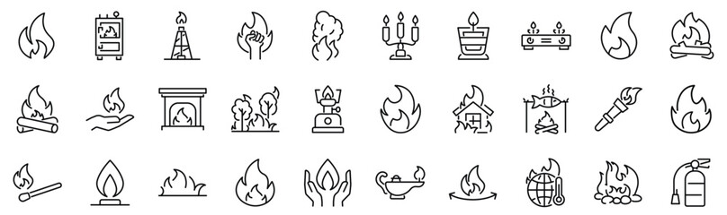 Set of 30 outline icons related to fire, flame. Linear icon collection. Editable stroke. Vector illustration