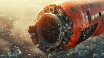 Detailed close-up of a red airplane engine mid-flight, showcasing intricate mechanical components against a city backdrop.