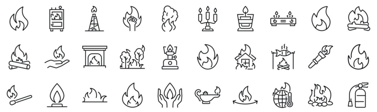 Set of 30 outline icons related to fire, flame. Linear icon collection. Editable stroke. Vector illustration