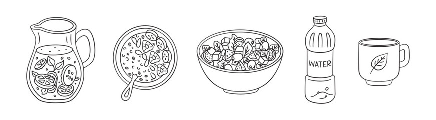 Set of isolated thin line diet food and drink icons. Collection of vector healthy lifestyle illustrations