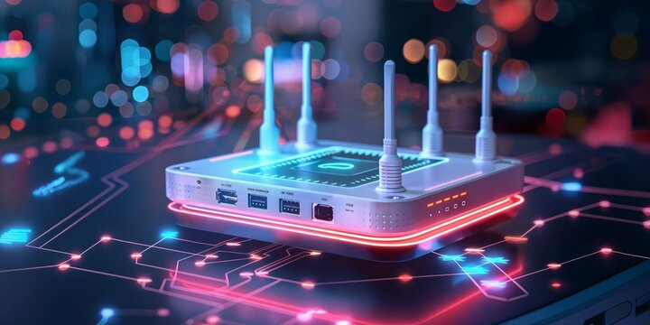 generic modern high speed 5g next generation router for home secure networks and online communication high bandwidth internet technology as wide banner with copy space area and datum data 