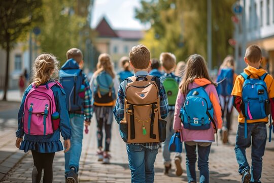  Sch&uuml;lergruppe mit bunten Rucks&auml;cken auf dem Schulweg &ndash; Freundschaft und Bildung