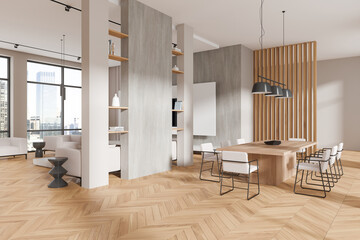 Modern home living room interior with eating table, relax zone near window