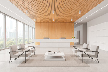 Fototapeta premium Office lobby interior with reception desk and armchairs, panoramic window