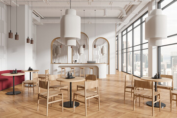 Stylish cafe interior with dining space and bar island with arch wall, window