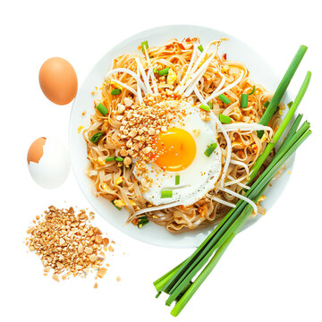 Delicious Asian noodle dish with fried egg, green onions, and crushed peanuts. Served with fresh ingredients. Perfect for authentic cuisine lovers.