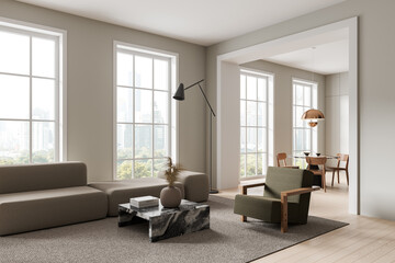 Fototapeta premium Modern home living room interior with eating table and couch, panoramic window